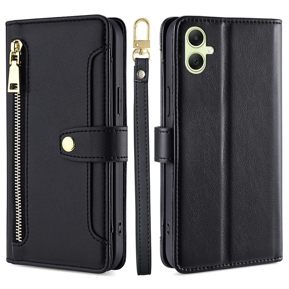For Samsung Galaxy A05 4G Case Multiple Card Slots Wallet Phone Cover with 2 Straps - Black - 1