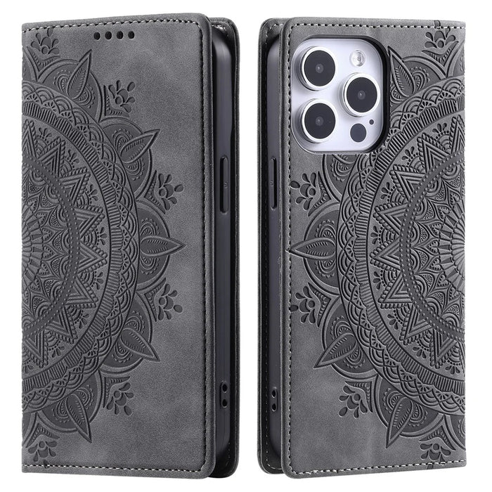 For iPhone 14 Pro Case Imprinted Mandala Flower Leather Cover with Wallet - Grey - 1