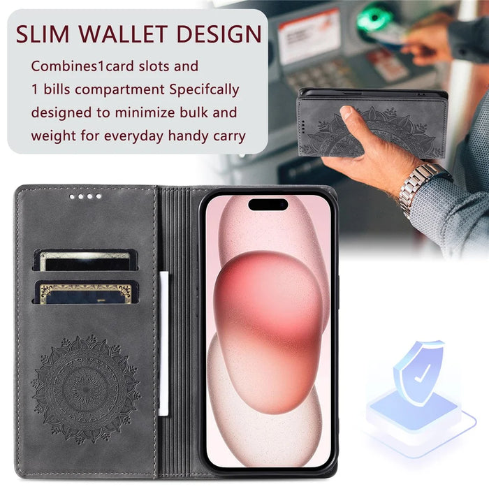 For iPhone 14 Pro Case Imprinted Mandala Flower Leather Cover with Wallet - Grey - 7