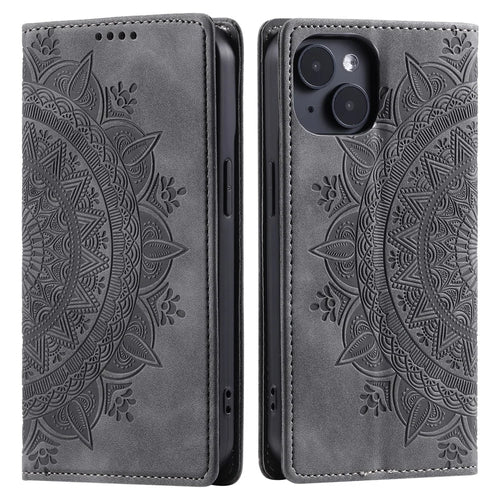 For iPhone 14 Case PU Leather Imprinted Mandala Flower Wallet Phone Cover - Grey - 1