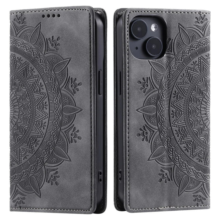 For iPhone 14 Case PU Leather Imprinted Mandala Flower Wallet Phone Cover - Grey - 1