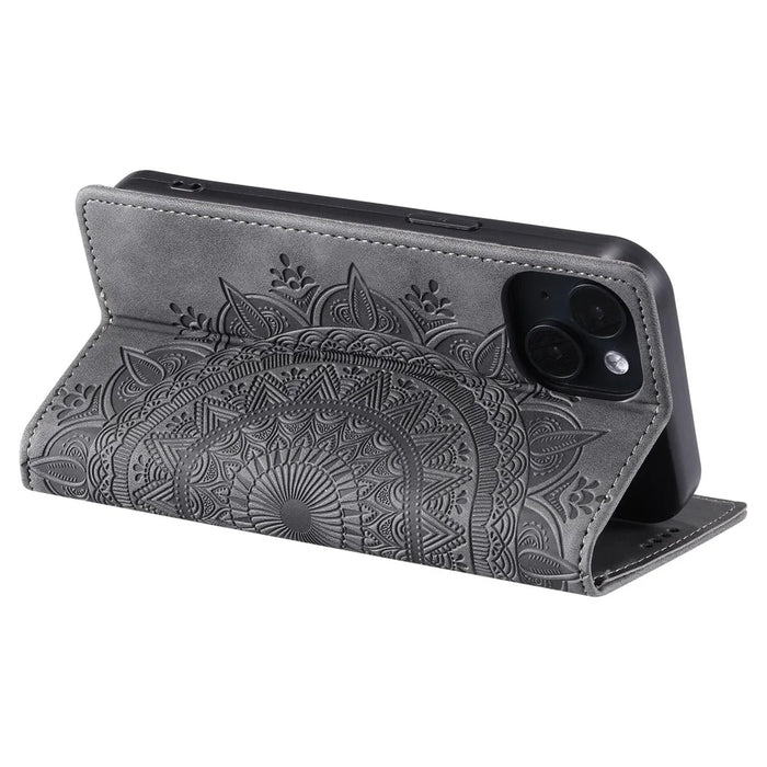 For iPhone 14 Case PU Leather Imprinted Mandala Flower Wallet Phone Cover - Grey - 4