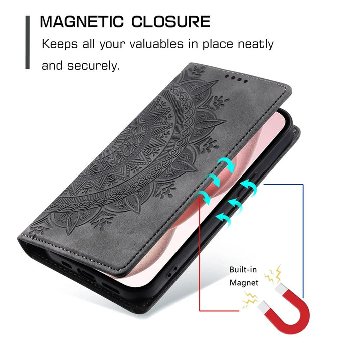 For iPhone 14 Case PU Leather Imprinted Mandala Flower Wallet Phone Cover - Grey - 6