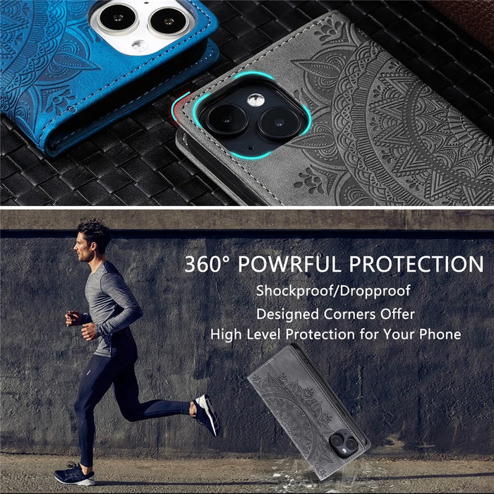 For iPhone 14 Case PU Leather Imprinted Mandala Flower Wallet Phone Cover - Grey - 7