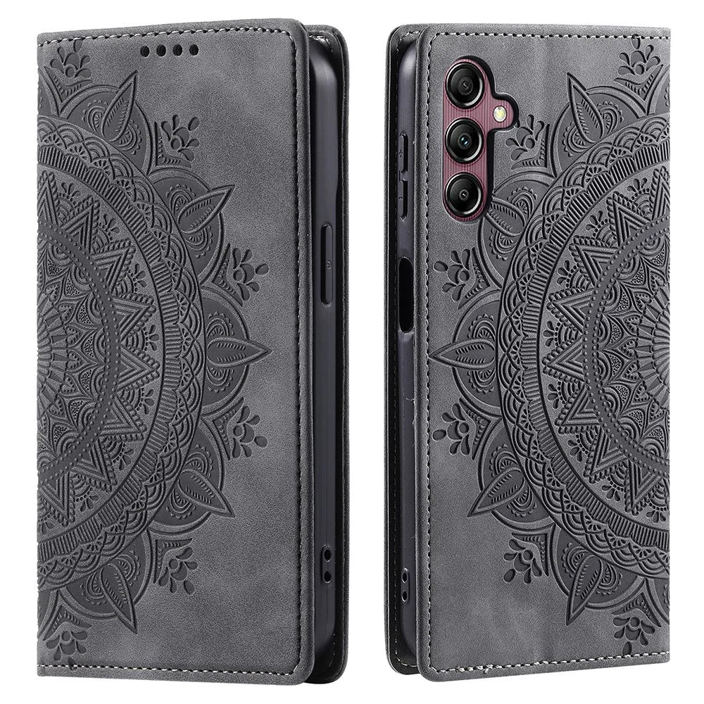 For Samsung Galaxy S24+ Case Imprinted Mandala Flower Phone Leather Cover - Grey - 1