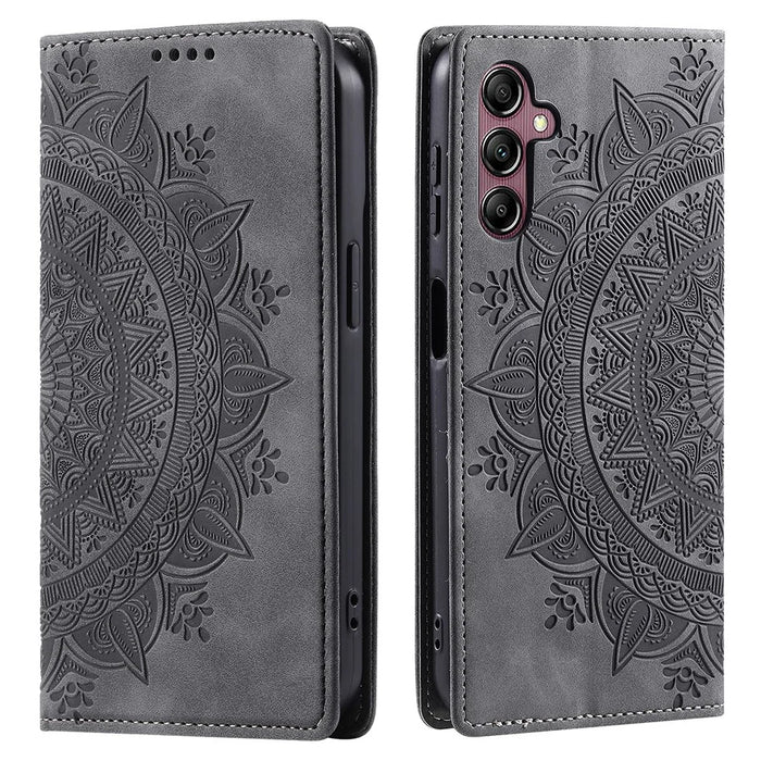 For Samsung Galaxy S24+ Case Imprinted Mandala Flower Phone Leather Cover - Grey - 1