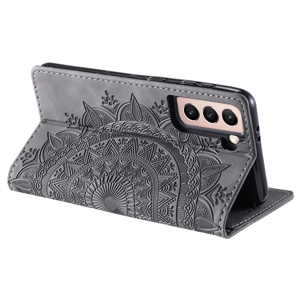 For Samsung Galaxy S22 5G Case Magnetic Auto Closing Mandala Flower Wallet Cover - Grey - 4