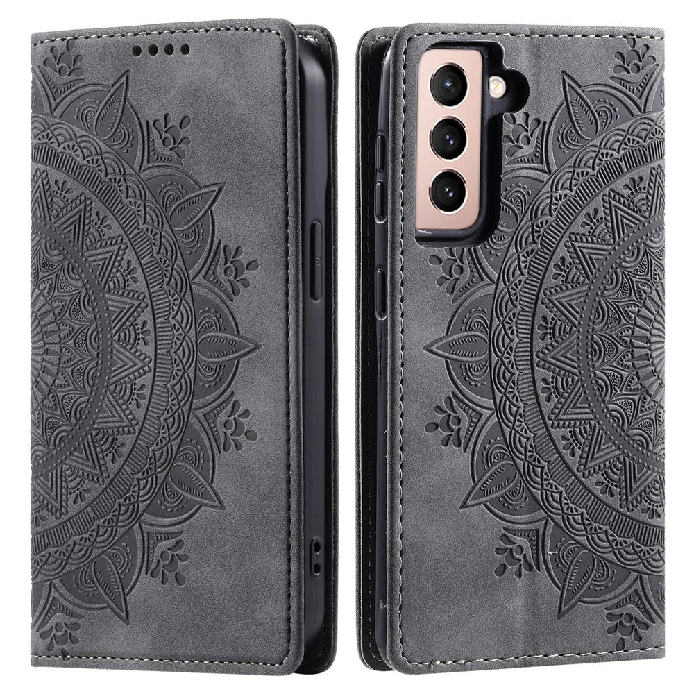 For Samsung Galaxy S22+ 5G Case Imprinted Mandala Flower Leather Cover with Wallet - Grey - 1