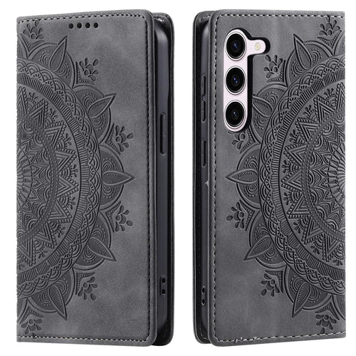 For Samsung Galaxy S23 Case Leather Imprinted Mandala Flower Phone Protector - Grey - 1