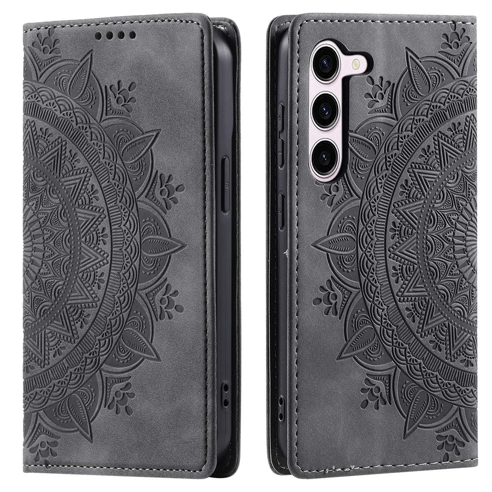 For Samsung Galaxy S23 Case Leather Imprinted Mandala Flower Phone Protector - Grey - 1