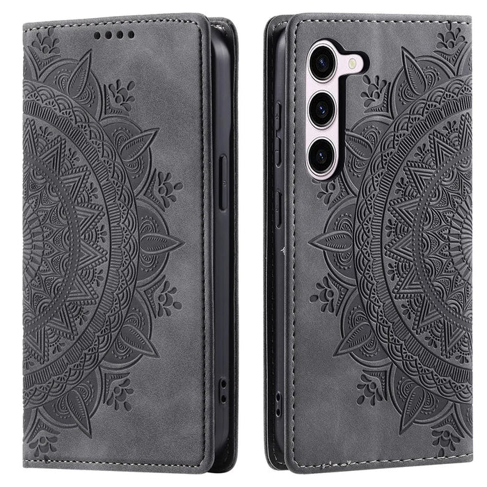 For Samsung Galaxy S23 Case Leather Imprinted Mandala Flower Phone Protector - Grey - 1