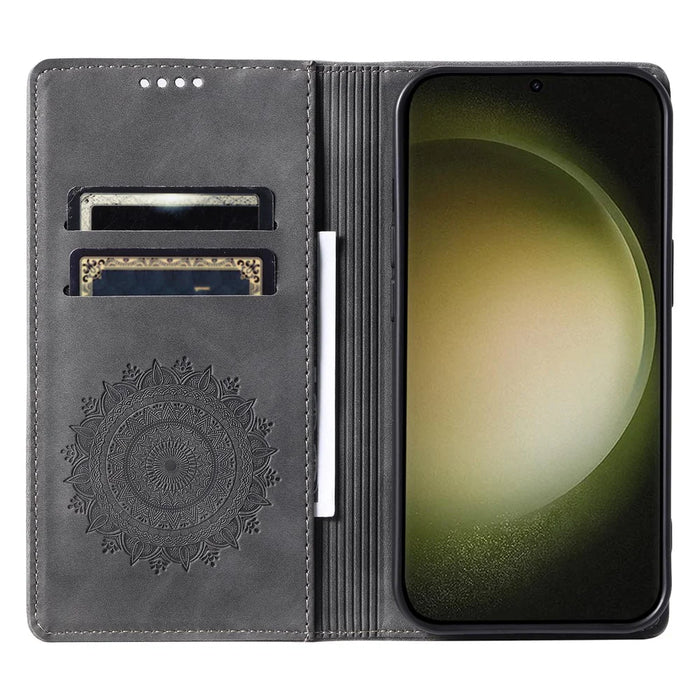 For Samsung Galaxy S23 Case Leather Imprinted Mandala Flower Phone Protector - Grey - 2