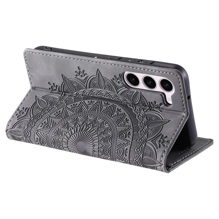 For Samsung Galaxy S23 Case Leather Imprinted Mandala Flower Phone Protector - Grey - 4