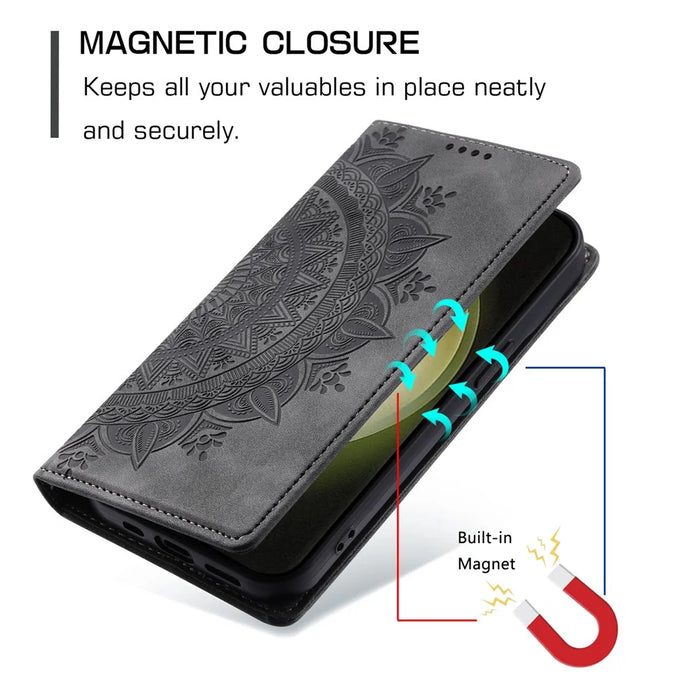 For Samsung Galaxy S23 Case Leather Imprinted Mandala Flower Phone Protector - Grey - 6