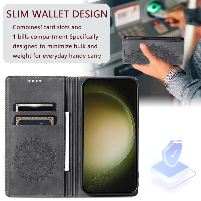 For Samsung Galaxy S23 Case Leather Imprinted Mandala Flower Phone Protector - Grey - 7