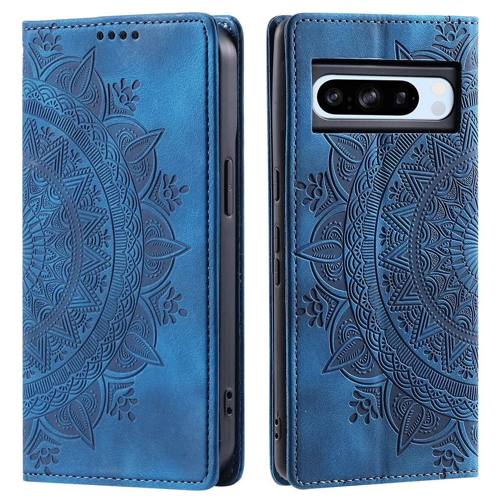 For Google Pixel 8 Pro Case Leather Imprint Anti-scratch Wallet Stand Cellphone Cover - Blue - 1