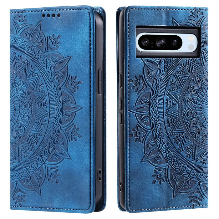 For Google Pixel 8 Pro Case Leather Imprint Anti-scratch Wallet Stand Cellphone Cover - Blue - 1