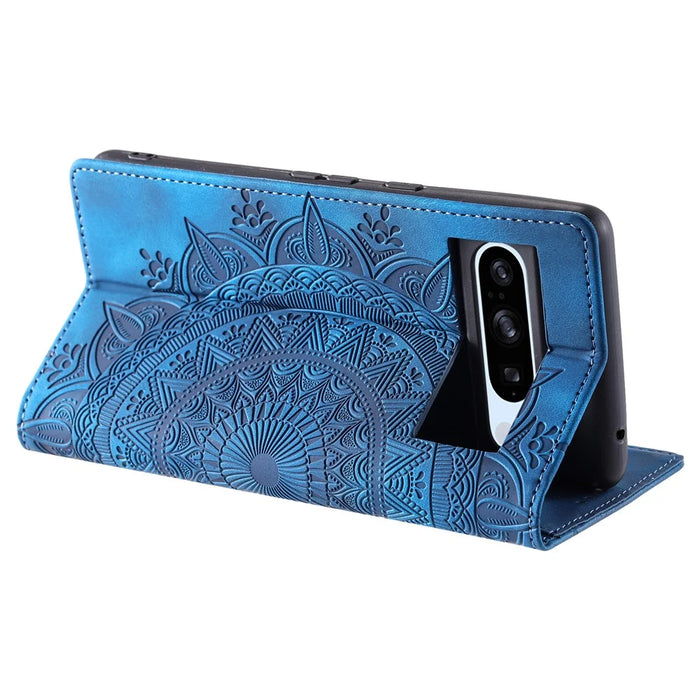 For Google Pixel 8 Pro Case Leather Imprint Anti-scratch Wallet Stand Cellphone Cover - Blue - 4