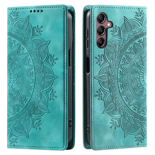 For Samsung Galaxy A15 4G Case Imprinted Mandala Flower Magnetic Phone Leather Cover - Mint Green - 1