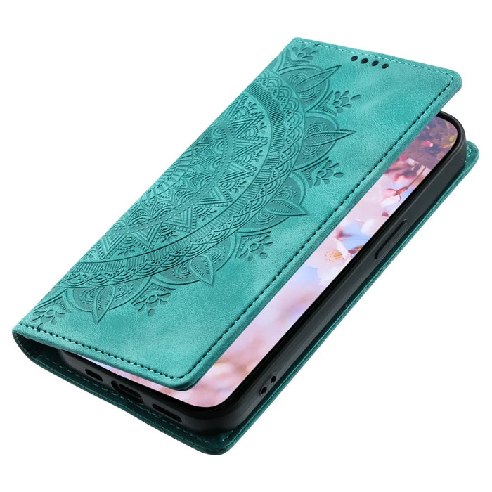 For Samsung Galaxy A15 4G Case Imprinted Mandala Flower Magnetic Phone Leather Cover - Mint Green - 7