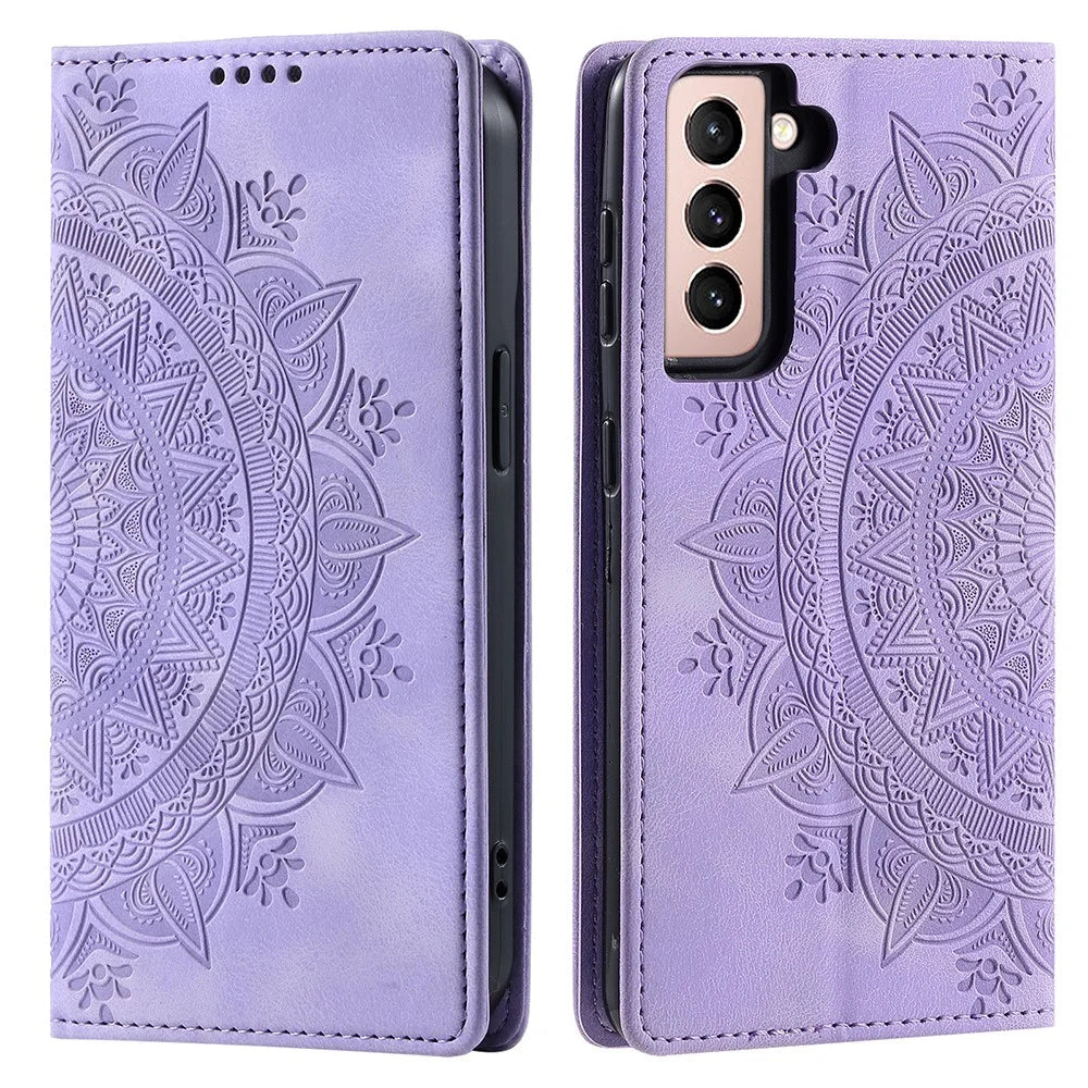 For Samsung Galaxy S21 FE 5G Case PU Leather Imprinted Wallet Stand Phone Cover - Purple - 1