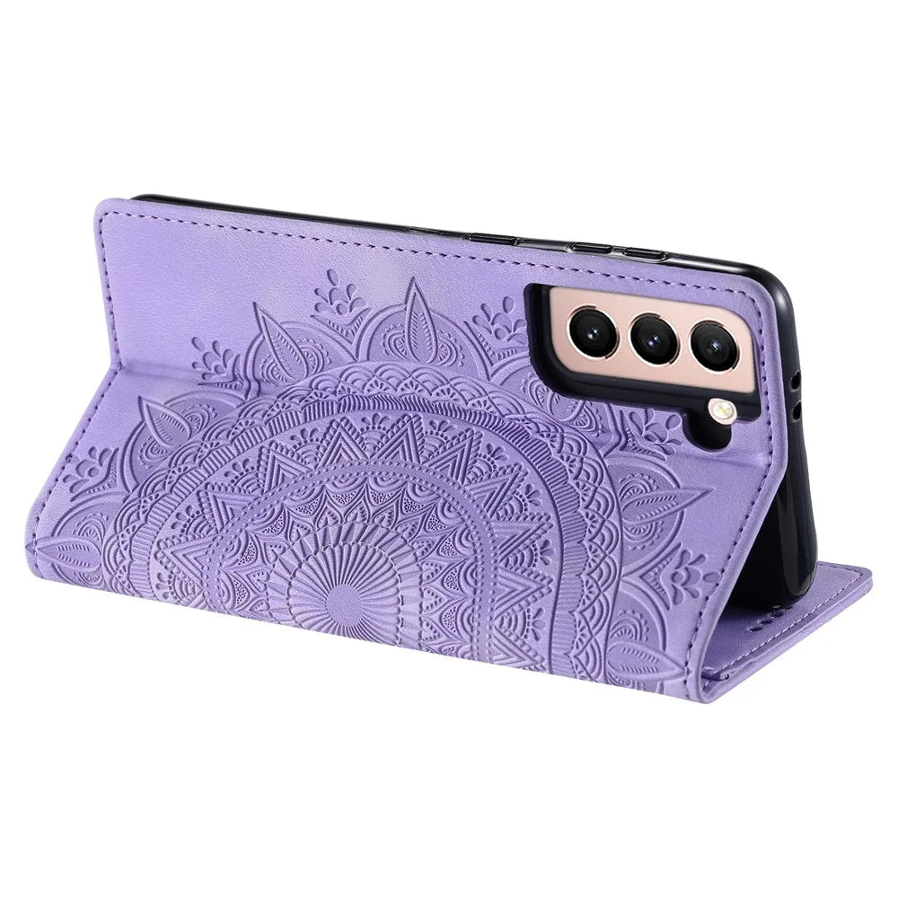For Samsung Galaxy S21 FE 5G Case PU Leather Imprinted Wallet Stand Phone Cover - Purple - 3
