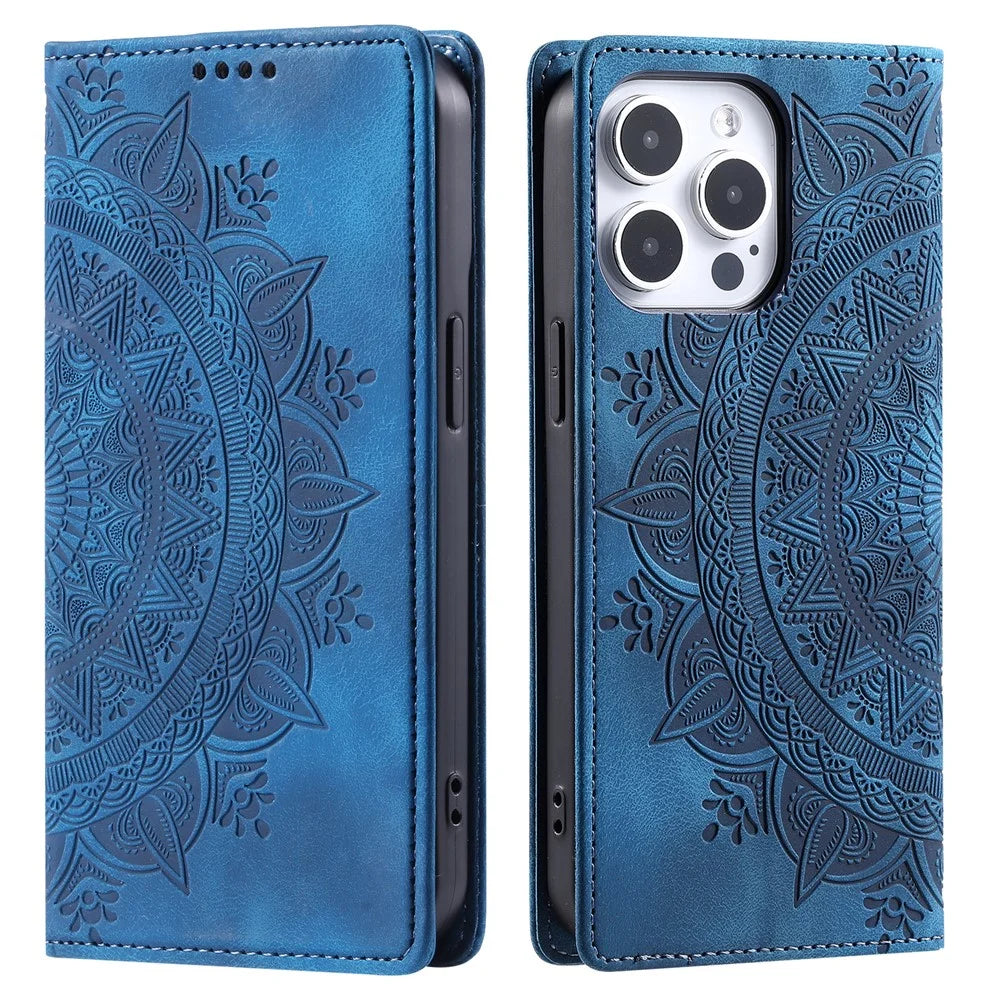 For iPhone 15 Pro Max Case Stand Phone Cover PU Leather Magnetic Imprinted Shell - Blue - 1