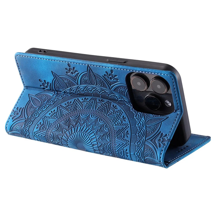 For iPhone 15 Pro Max Case Stand Phone Cover PU Leather Magnetic Imprinted Shell - Blue - 4