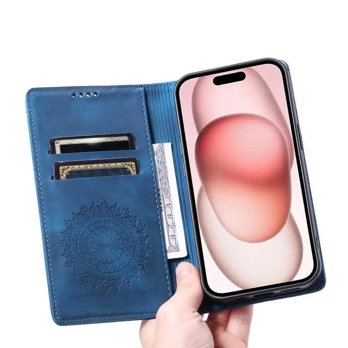 For iPhone 15 Pro Max Case Stand Phone Cover PU Leather Magnetic Imprinted Shell - Blue - 5