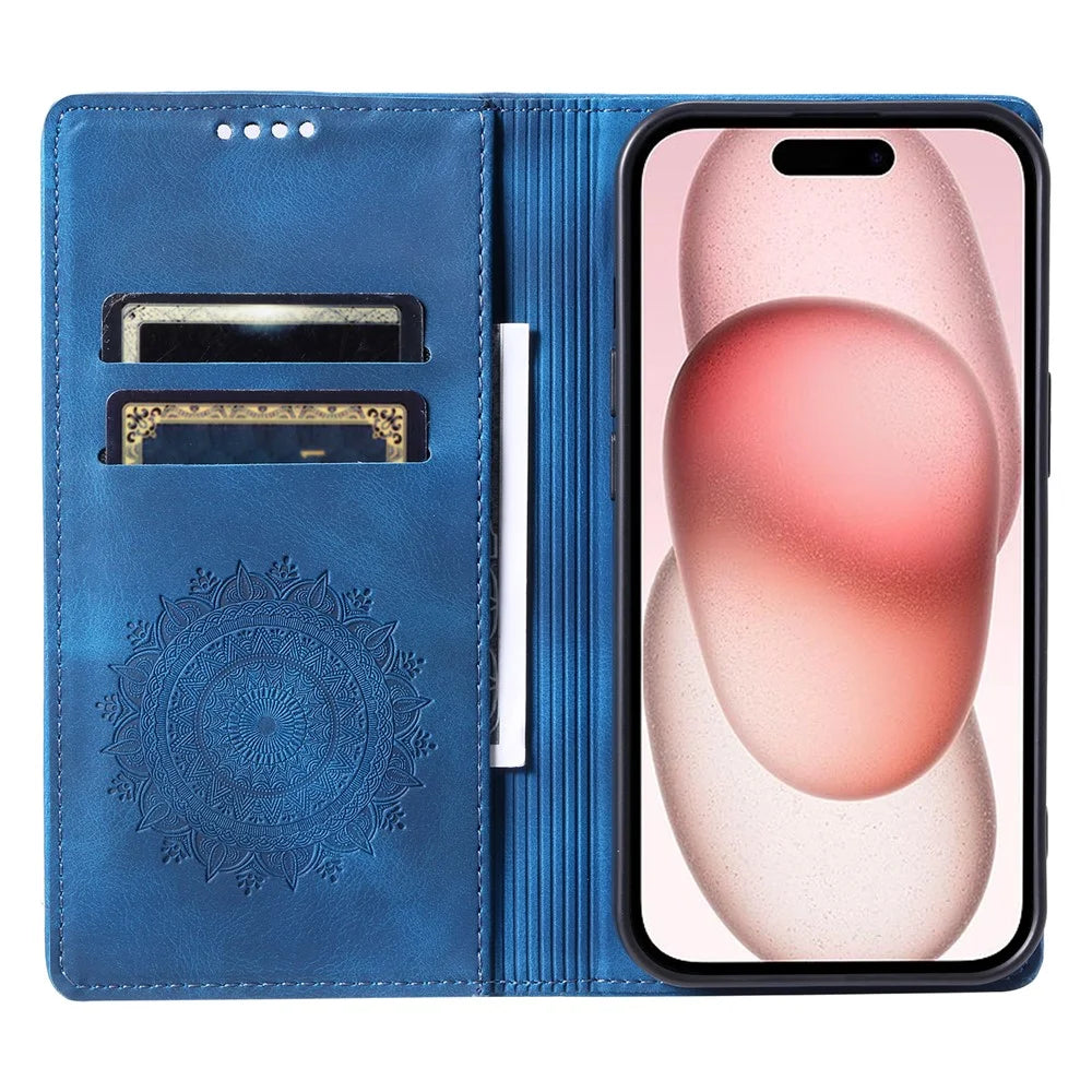 For iPhone 15 Pro Shockproof Phone Case PU Leather Magnetic Imprinted Stand Cover Wallet - Blue - 2