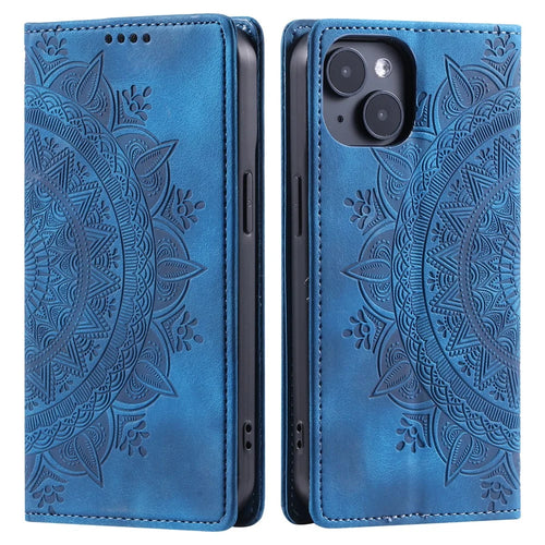 For iPhone 15 Plus Cell Phone Case PU Leather Wallet Magnetic Stand Phone Cover - Blue - 1