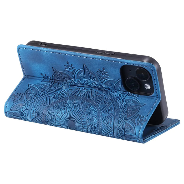 For iPhone 15 Plus Cell Phone Case PU Leather Wallet Magnetic Stand Phone Cover - Blue - 4