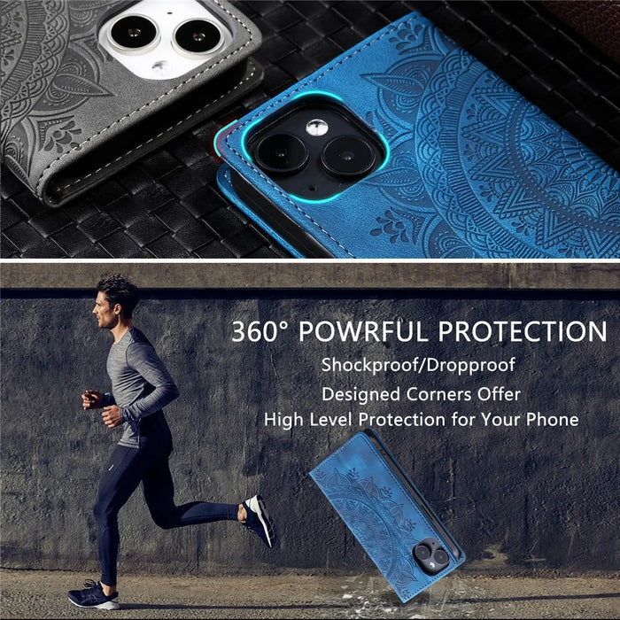 For iPhone 15 Plus Cell Phone Case PU Leather Wallet Magnetic Stand Phone Cover - Blue - 6