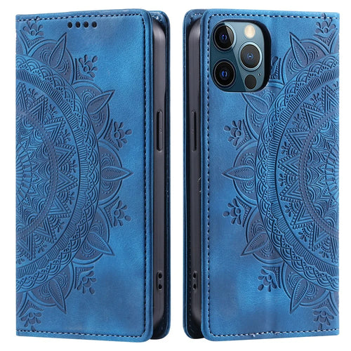 PU Leather Phone Shell for iPhone 12 Pro Case Magnetic Imprinted Stand Phone Cover - Blue - 1