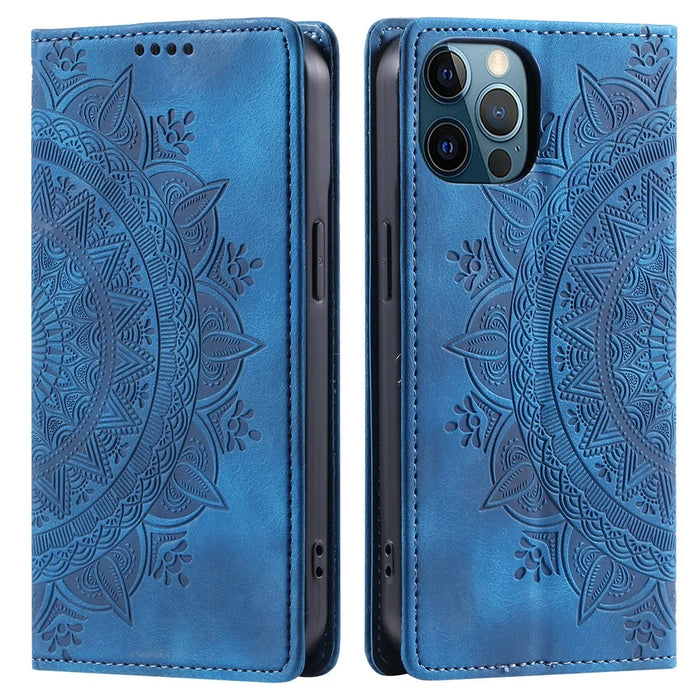 PU Leather Phone Shell for iPhone 12 Pro Case Magnetic Imprinted Stand Phone Cover - Blue - 1