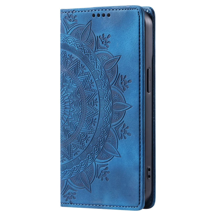 PU Leather Phone Shell for iPhone 12 Pro Case Magnetic Imprinted Stand Phone Cover - Blue - 7