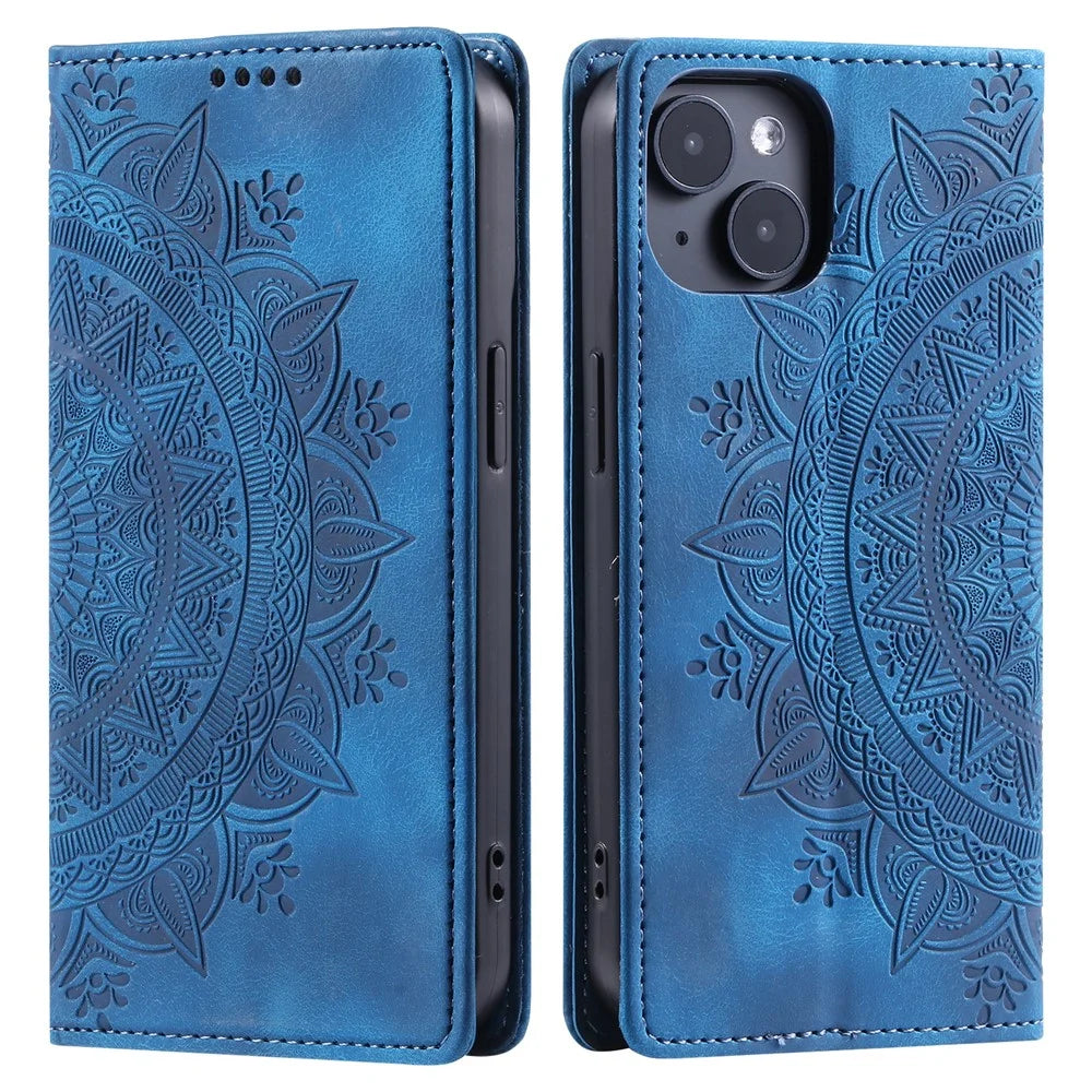 For iPhone 15 Case Imprinted Stand PU Leather Magnetic Cell Phone Cover - Blue - 1