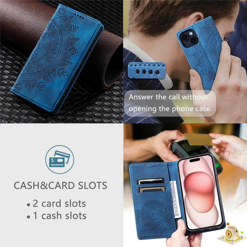 For iPhone 15 Case Imprinted Stand PU Leather Magnetic Cell Phone Cover - Blue - 7