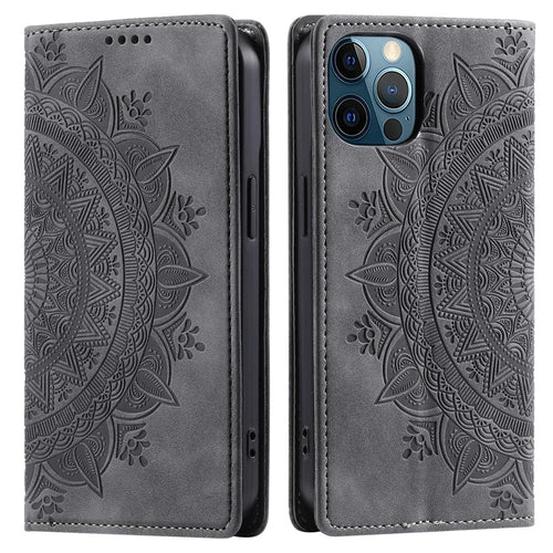 For iPhone 12 Pro Max Case PU Leather Magnetic Imprinted Stand Phone Cover - Grey - 1
