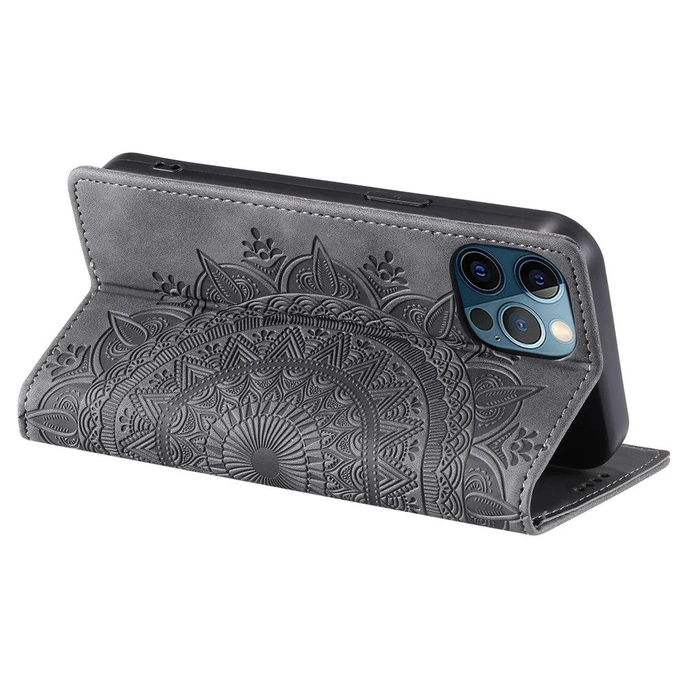 For iPhone 12 Pro Max Case PU Leather Magnetic Imprinted Stand Phone Cover - Grey - 4