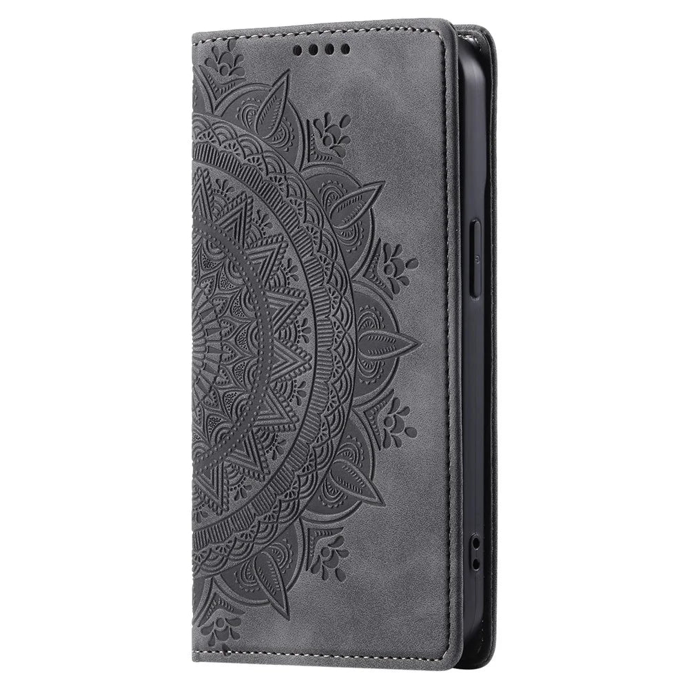 For iPhone 12 Pro Max Case PU Leather Magnetic Imprinted Stand Phone Cover - Grey - 7