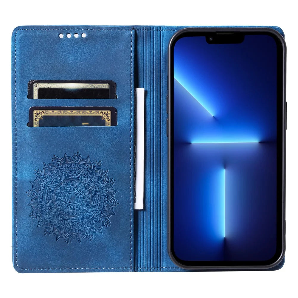 Wallet Phone Shell For iPhone 13 Pro Case PU Leather Magnetic Imprinted Stand Phone Cover - Blue - 2