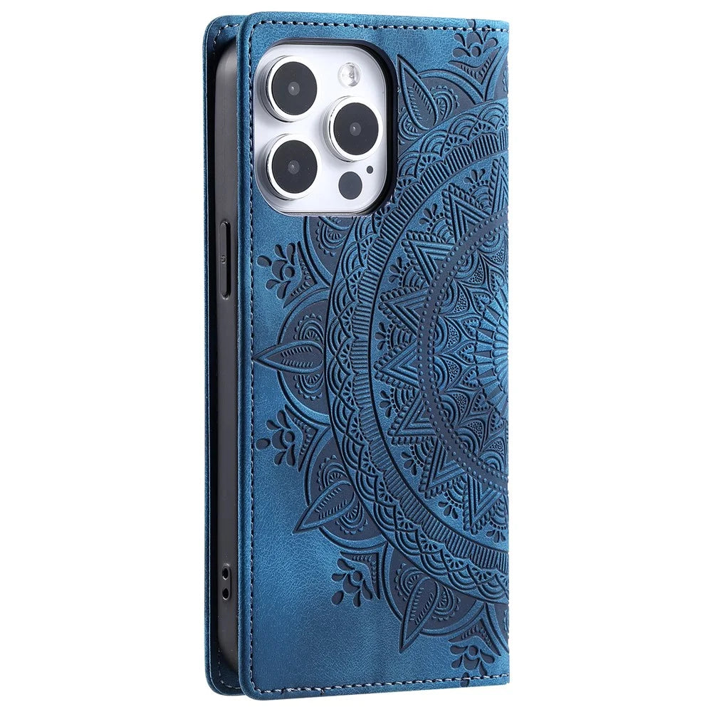 Wallet Phone Shell For iPhone 13 Pro Case PU Leather Magnetic Imprinted Stand Phone Cover - Blue - 7