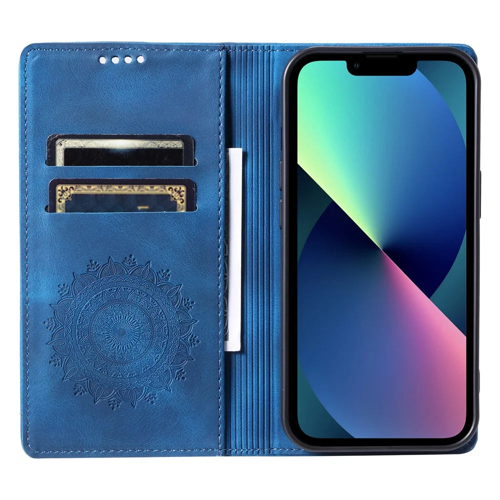 For iPhone 13 Case Magnetic Imprinted Stand PU Leather Phone Cover - Blue - 2
