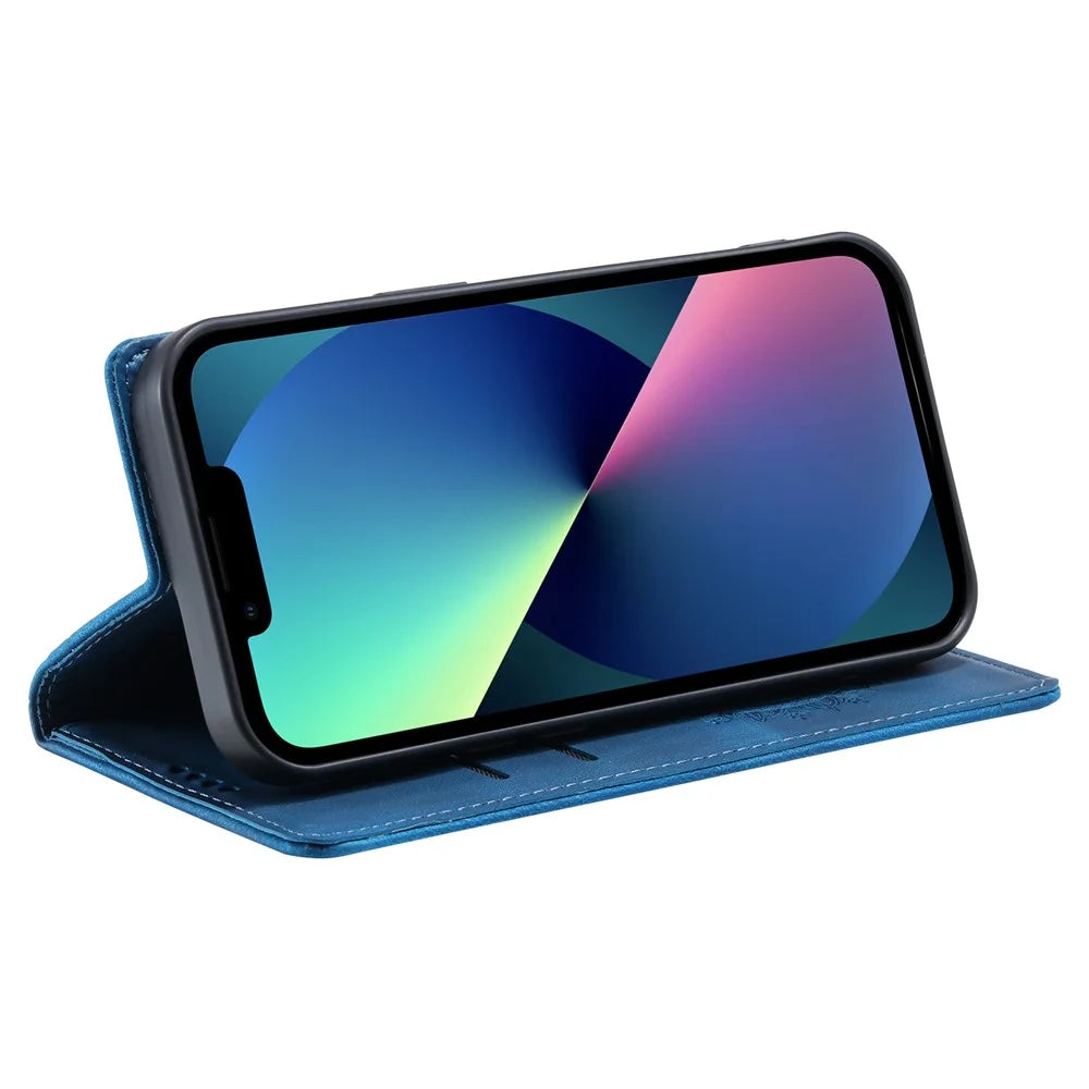 For iPhone 13 Case Magnetic Imprinted Stand PU Leather Phone Cover - Blue - 3
