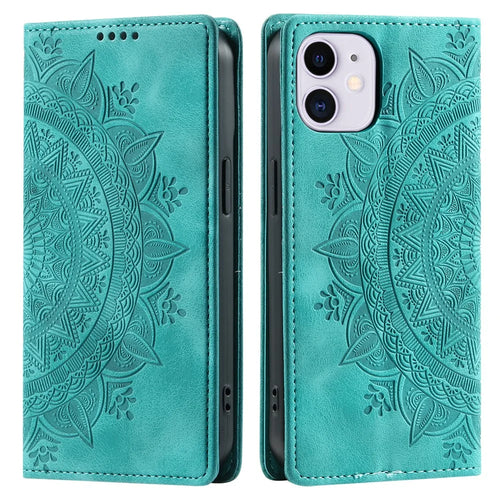 For iPhone 11 Case Anti-Scratch Wallet PU Leather Magnetic Imprinted Stand Phone Cover - Mint Green - 1