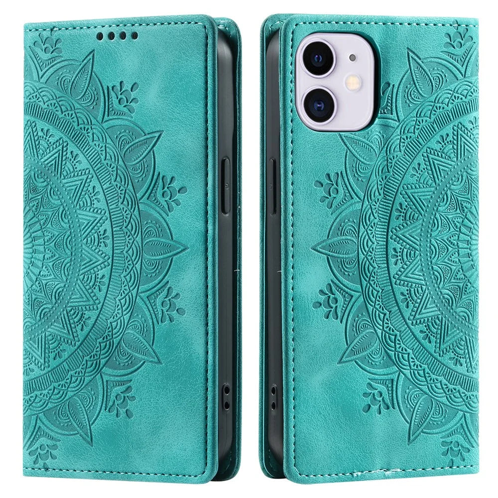 For iPhone 11 Case Anti-Scratch Wallet PU Leather Magnetic Imprinted Stand Phone Cover - Mint Green - 1