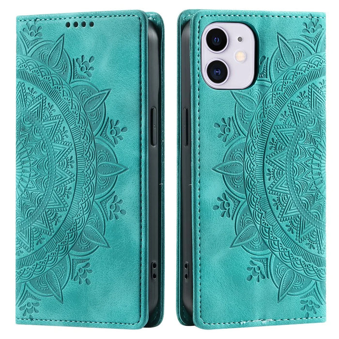 For iPhone 11 Case Anti-Scratch Wallet PU Leather Magnetic Imprinted Stand Phone Cover - Mint Green - 1
