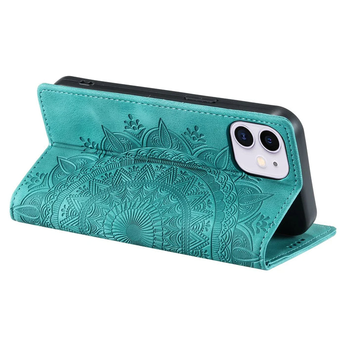 For iPhone 11 Case Anti-Scratch Wallet PU Leather Magnetic Imprinted Stand Phone Cover - Mint Green - 4