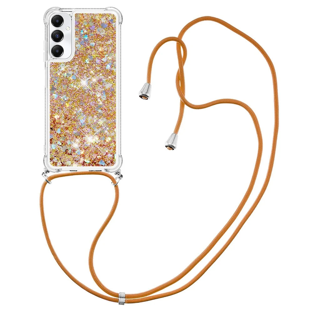 For Samsung Galaxy A05s 4G TPU Case Quicksand Design Phone Cover with Lanyard - Gold / Hearts - 1